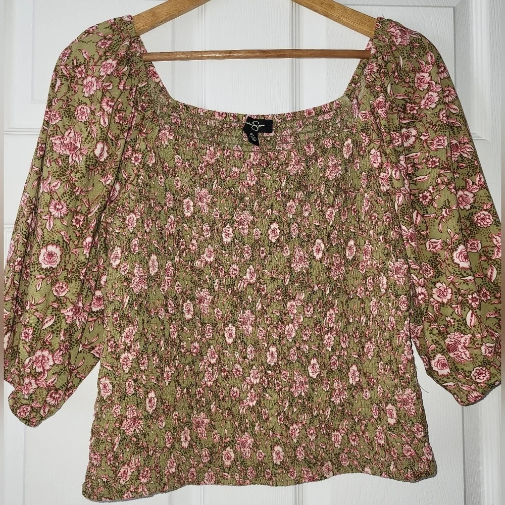 Jessica Simpson Floral Green Pink Peasant Sleeve‎ Smocked Top Blouse Size XL